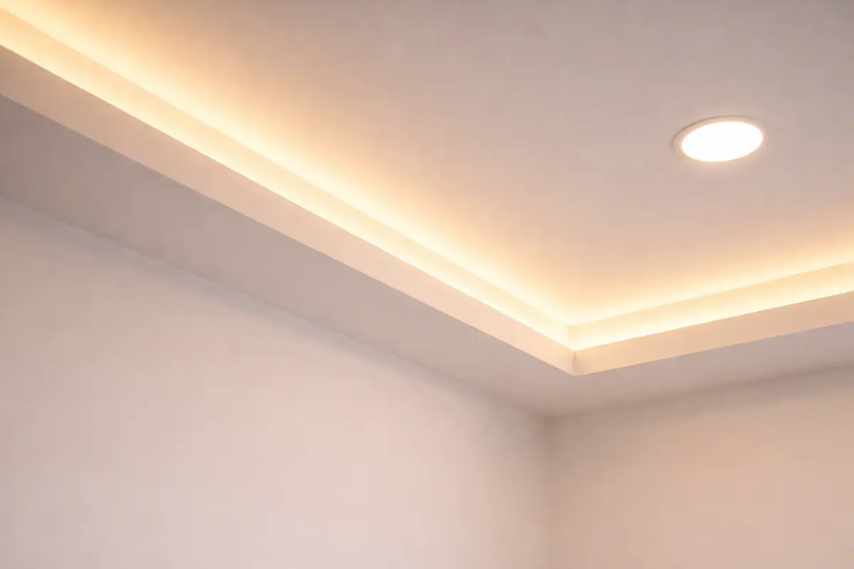 Detalle de iluminación indirecta en techo de pladur con luz LED en vivienda en Santiago de Compostela