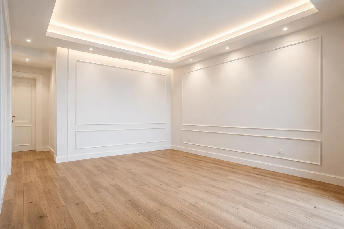 Revestimiento de pared con molduras de pladur en vivienda en Santiago de Compostela