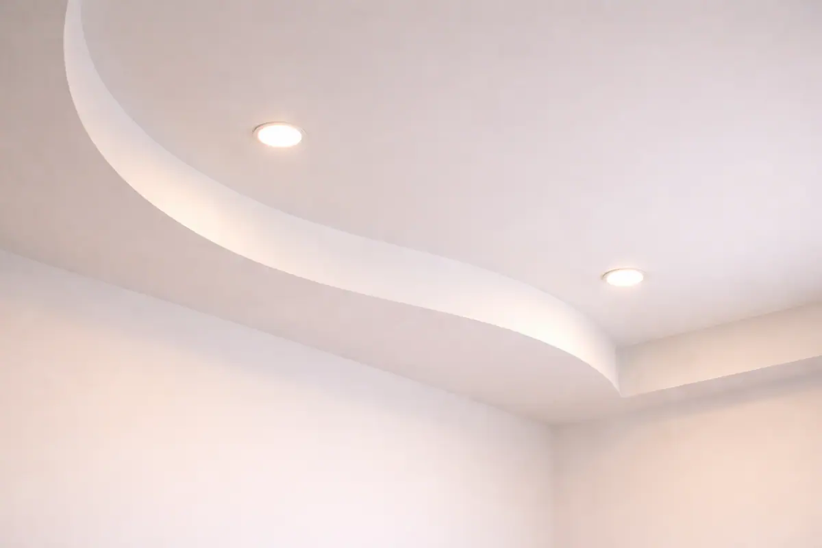 Techo decorativo de pladur con diseño curvo y fosa perimetral con iluminación en Santiago de Compostela