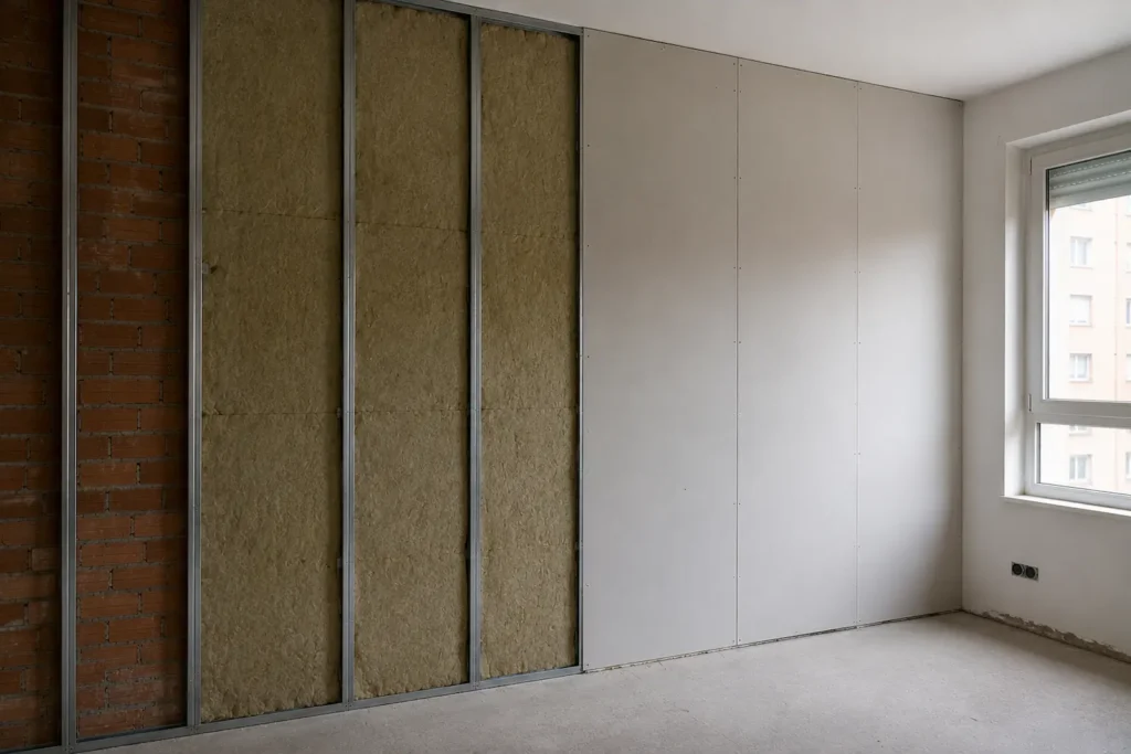 Instalación de aislamiento acústico de paredes mediante trasdosado de pladur y lana mineral en vivienda de Santiago de Compostela