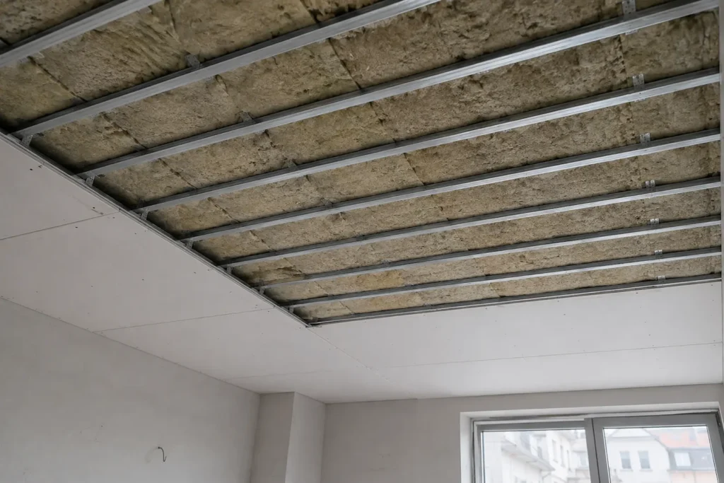 Instalación de falso techo acústico con lana mineral y estructura metálica en vivienda de Santiago de Compostela