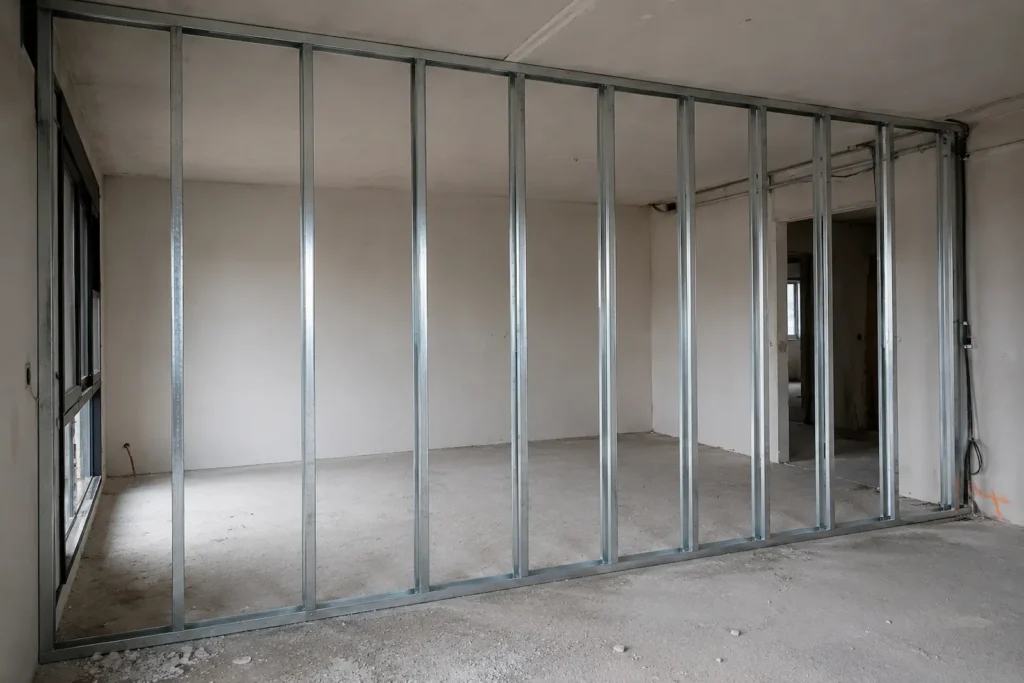 Estructura metálica de acero galvanizado para tabique de pladur dividiendo una estancia en dos espacios independientes