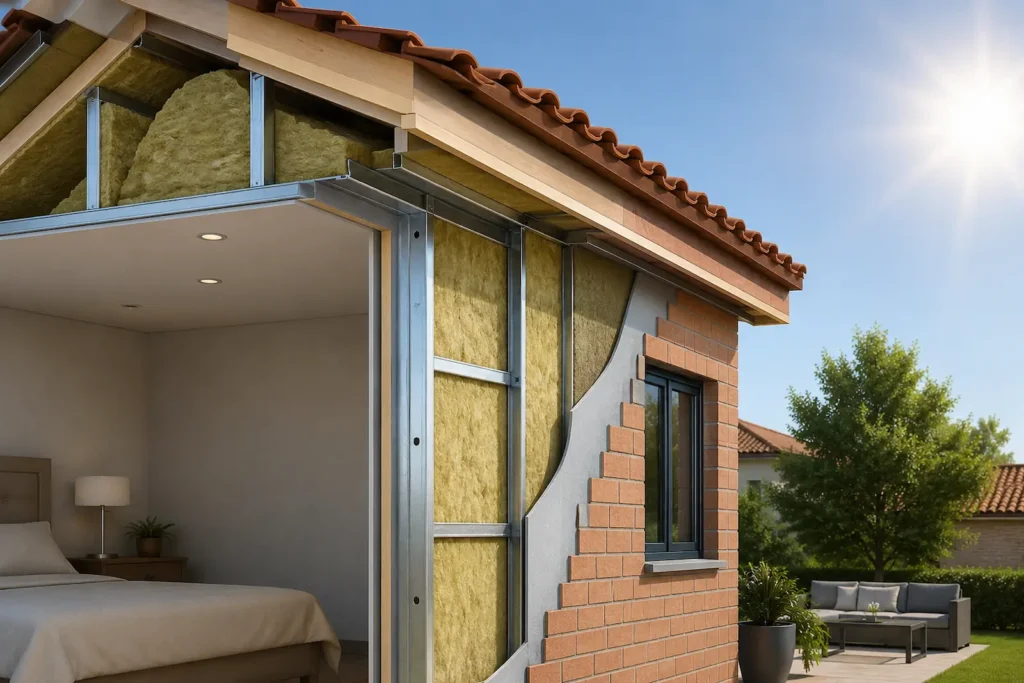 Detalle en sección de una vivienda con aislamiento térmico en paredes y cubierta para retrasar y reducir la entrada de calor durante el verano