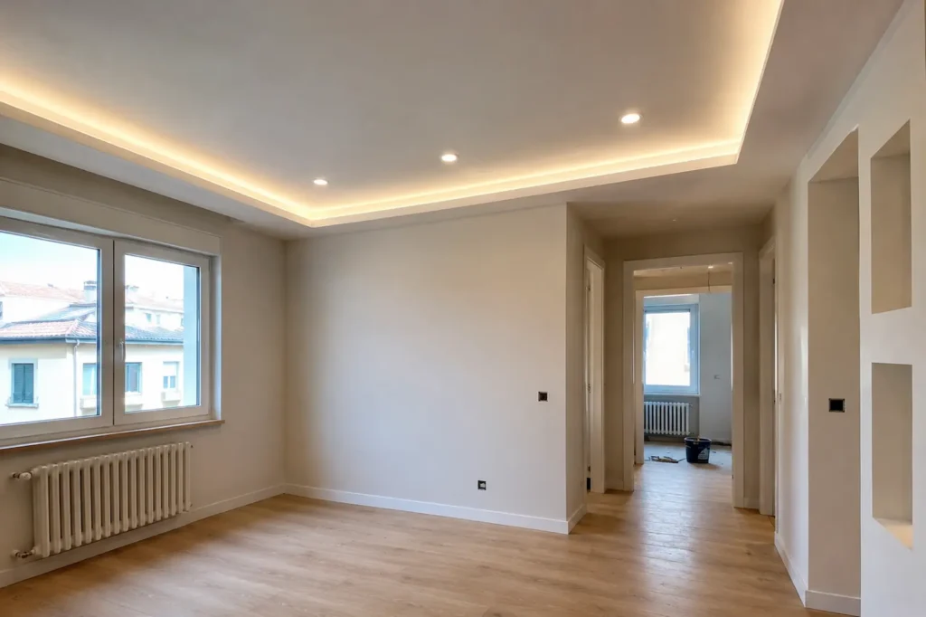 Vivienda reformada con techo de pladur e iluminación integrada en Santiago de Compostela