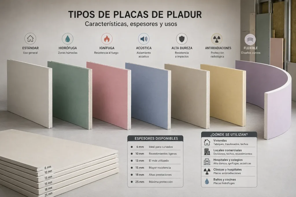 Comparativa de los diferentes tipos de placas de pladur: estándar, hidrófuga, ignífuga, acústica, alta dureza, antirradiaciones y flexible, mostrando sus características, espesores y principales aplicaciones.